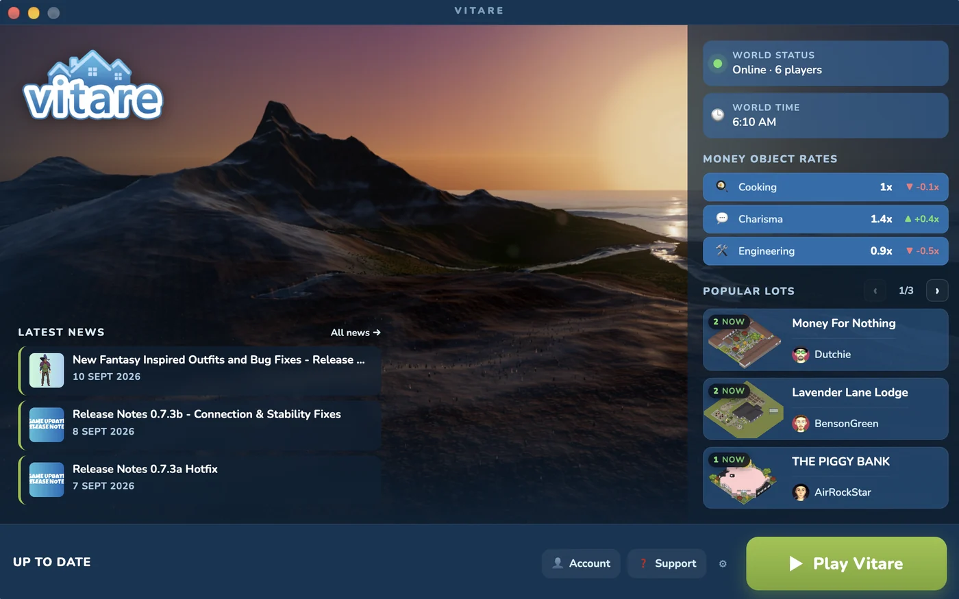 The Vitare launcher, showing the world status, popular lots and the Play Vitare button